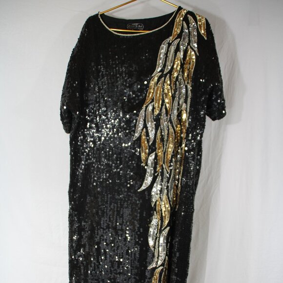 Vtg 80s  Jean for Joseph Le Bon Silk Sequined Maxi Dress Heavily Beaded Large - Picture 2 of 9